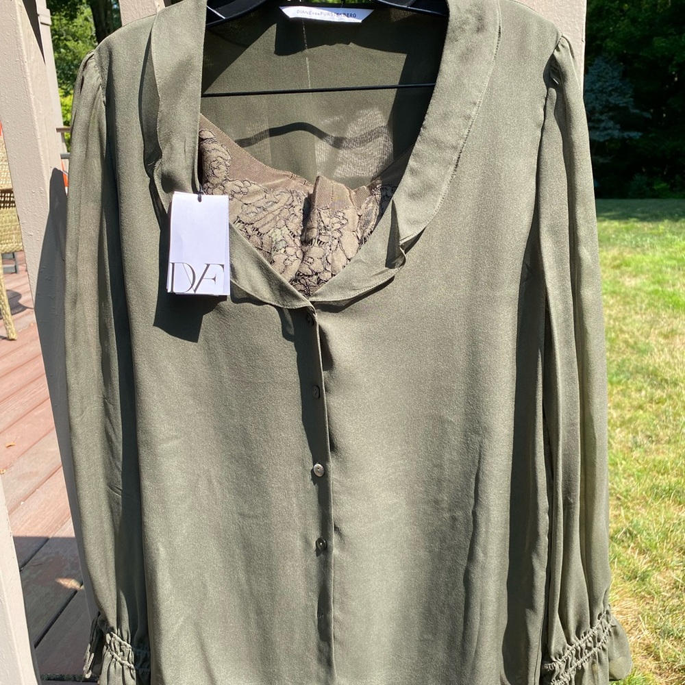 DVF silk blouse + lace skirt